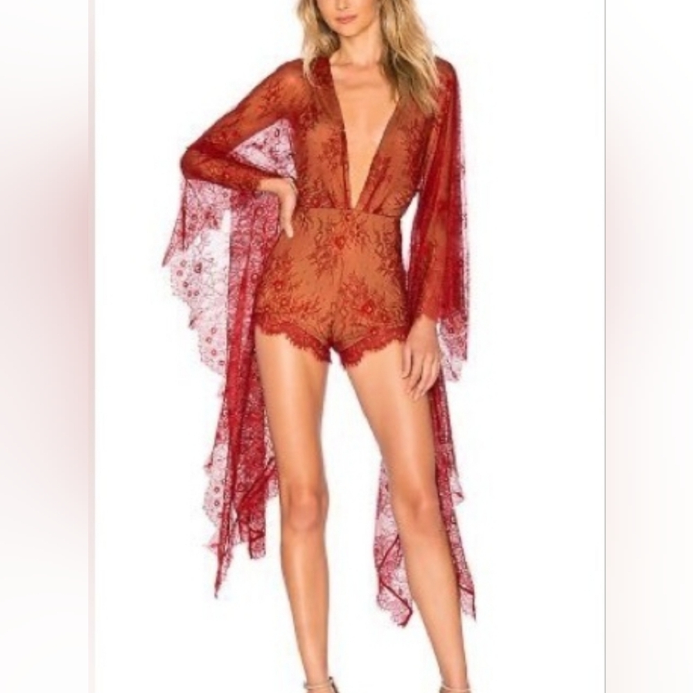 MICHAEL COSTELLA / REVOLVE Bella Lace Romper in Red - XXS